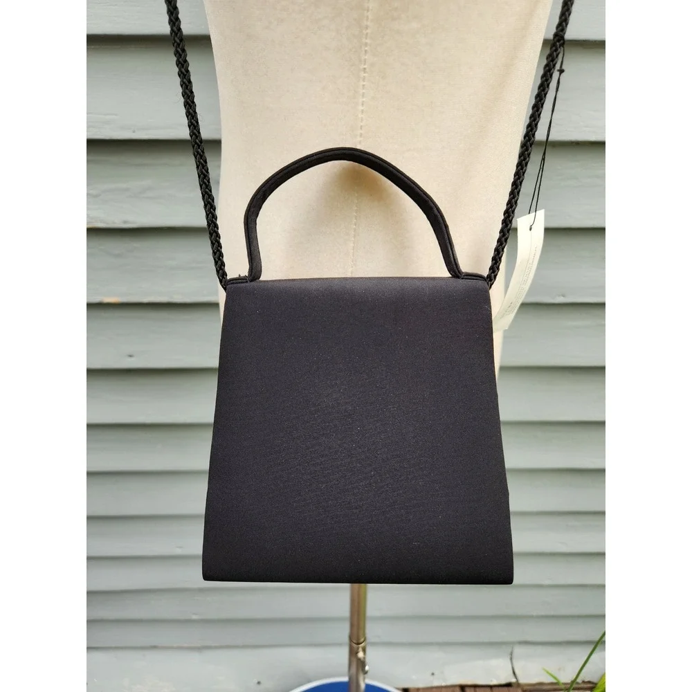 Vintage 90s J&S Original Evening Bag Black Satin‎ Crossbody Top Handle Small NWT